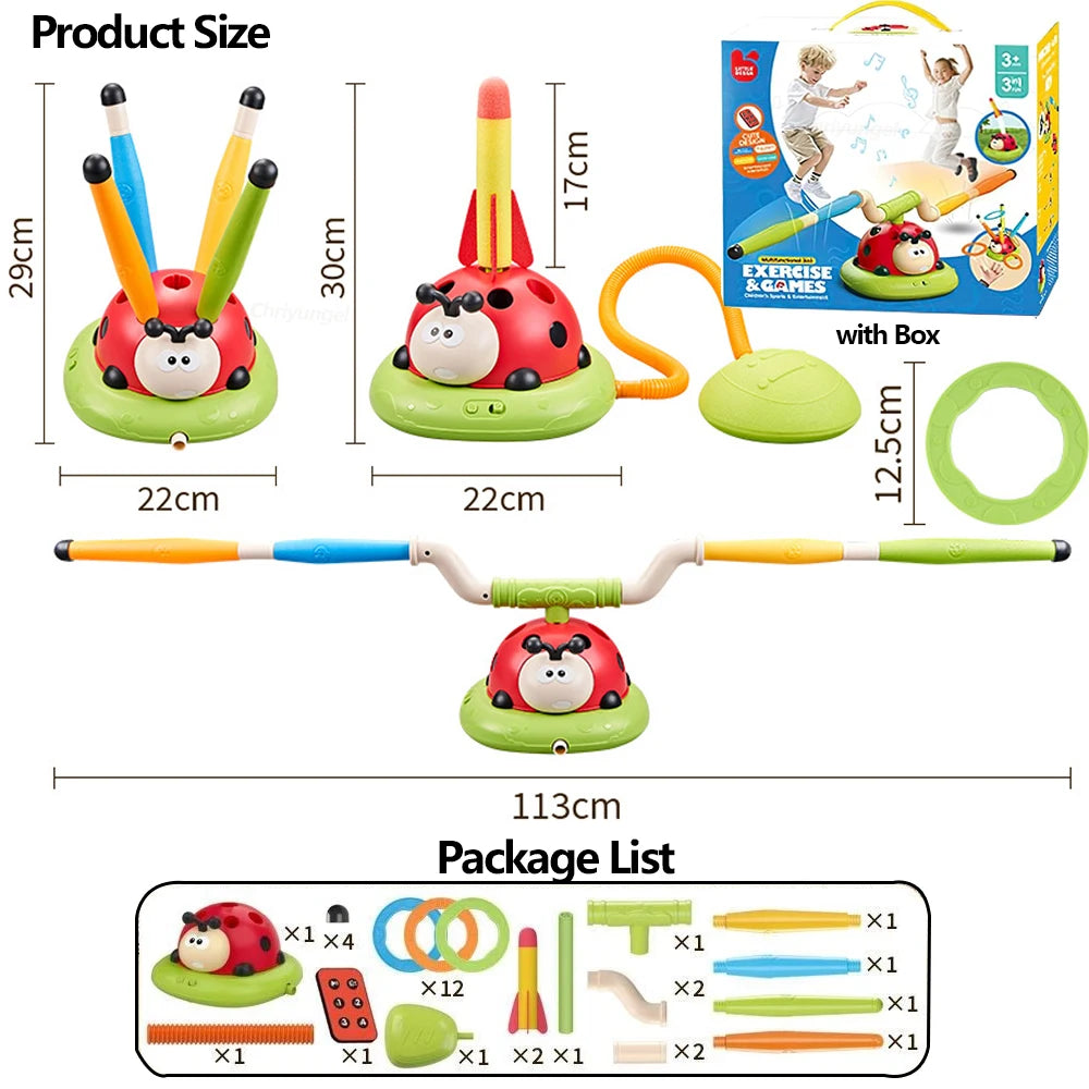 Musikalisches Kinderspielzeug Set – Raketenwerfer, Dreh-Sprung-Herausforderung und Ringwurfspiel für aktive Bewegung im Freien 0